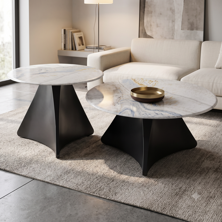 30 inch luxury white marble nesting coffee table set with matte black stainless steel base