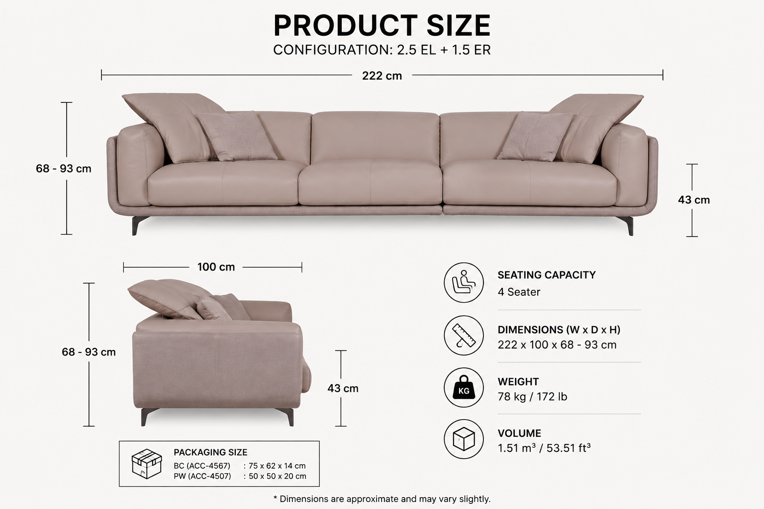 Regalon Low-Profile 4-Seater Sofa with Slim Metal Legs & Lumbar Cushions