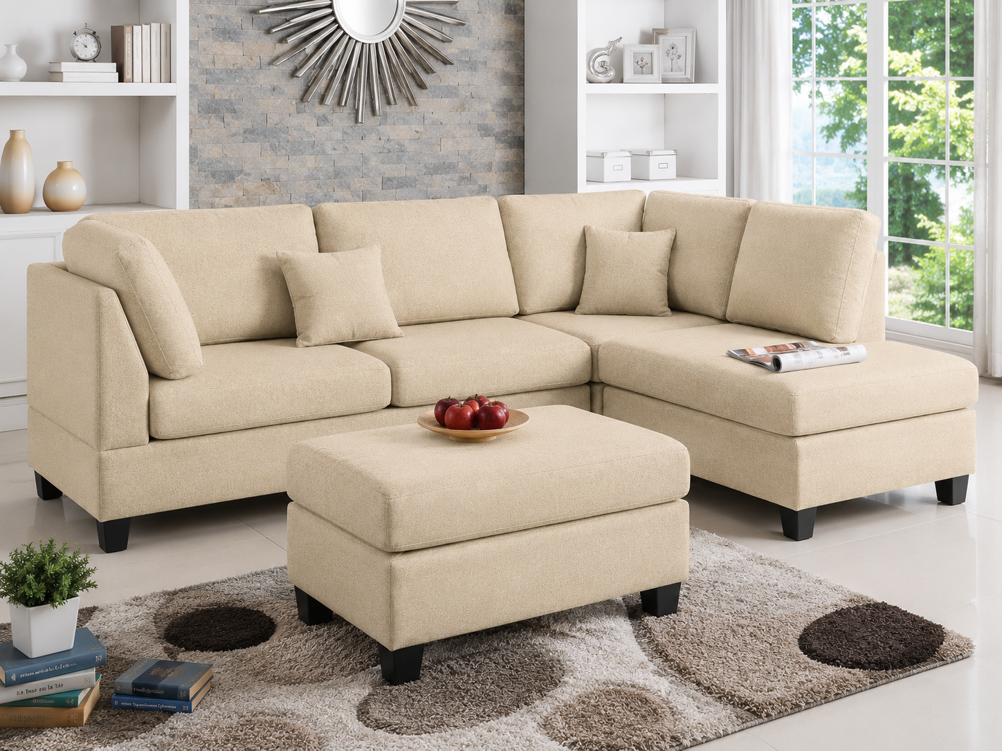 Nova 3-Seater L-Shaped Sectional Sofa with Right Chaise & Ottoman