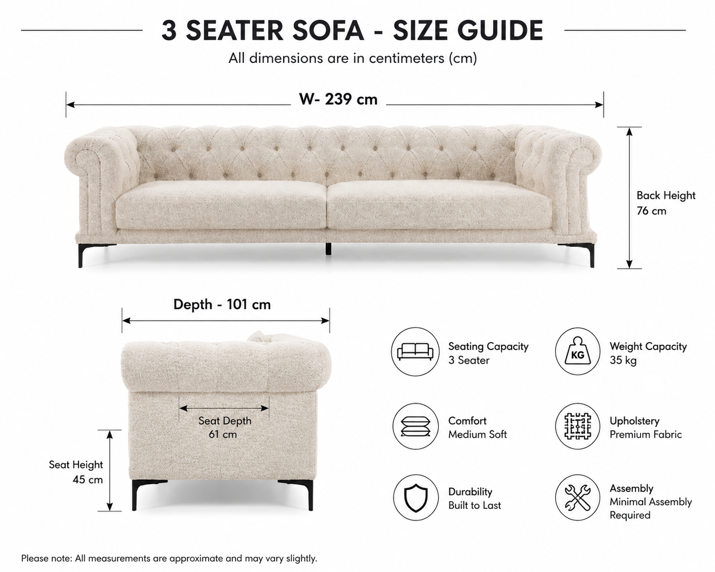 Bellmore 3-Seater Tufted Woven Upholstery Chesterfield Sofa
