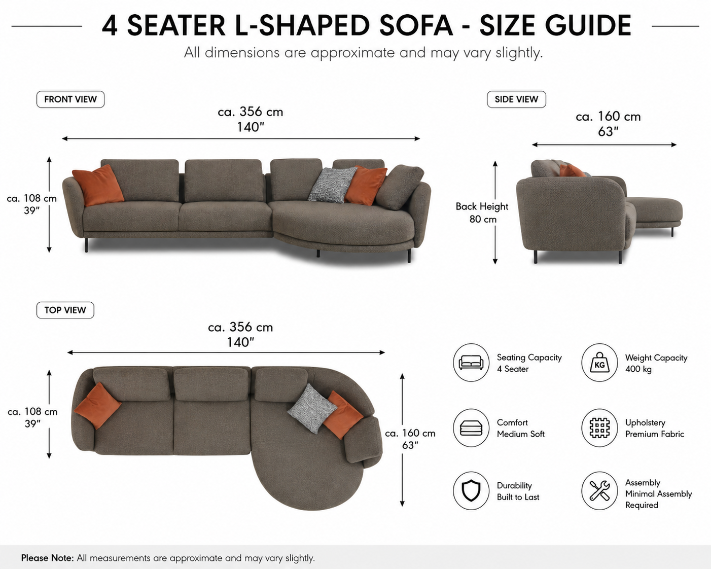 Aria 4-Seater L-Shaped Corner Sofa with Right-Facing Chaise