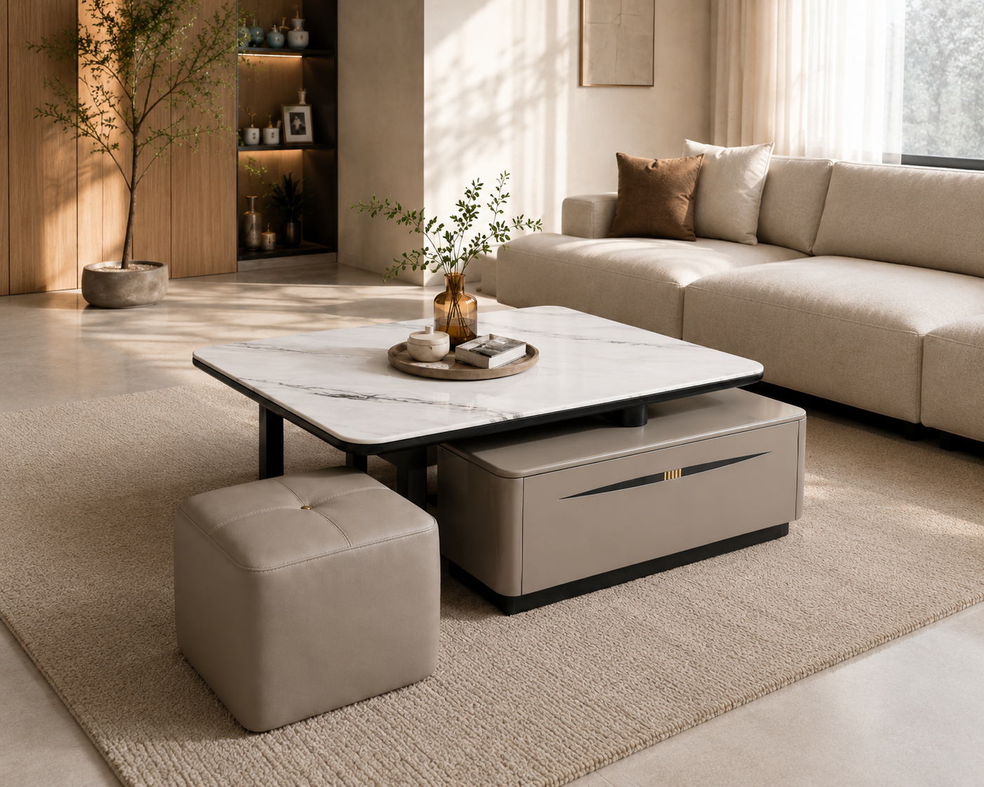 The Aurelia Modern Sintered Stone Coffee Table Set with Storage & Ottoman
