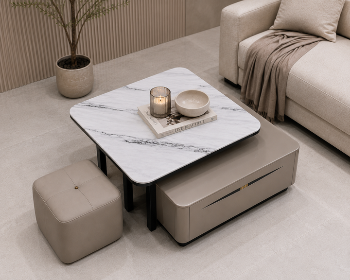 The Aurelia Modern Sintered Stone Coffee Table Set with Storage & Ottoman