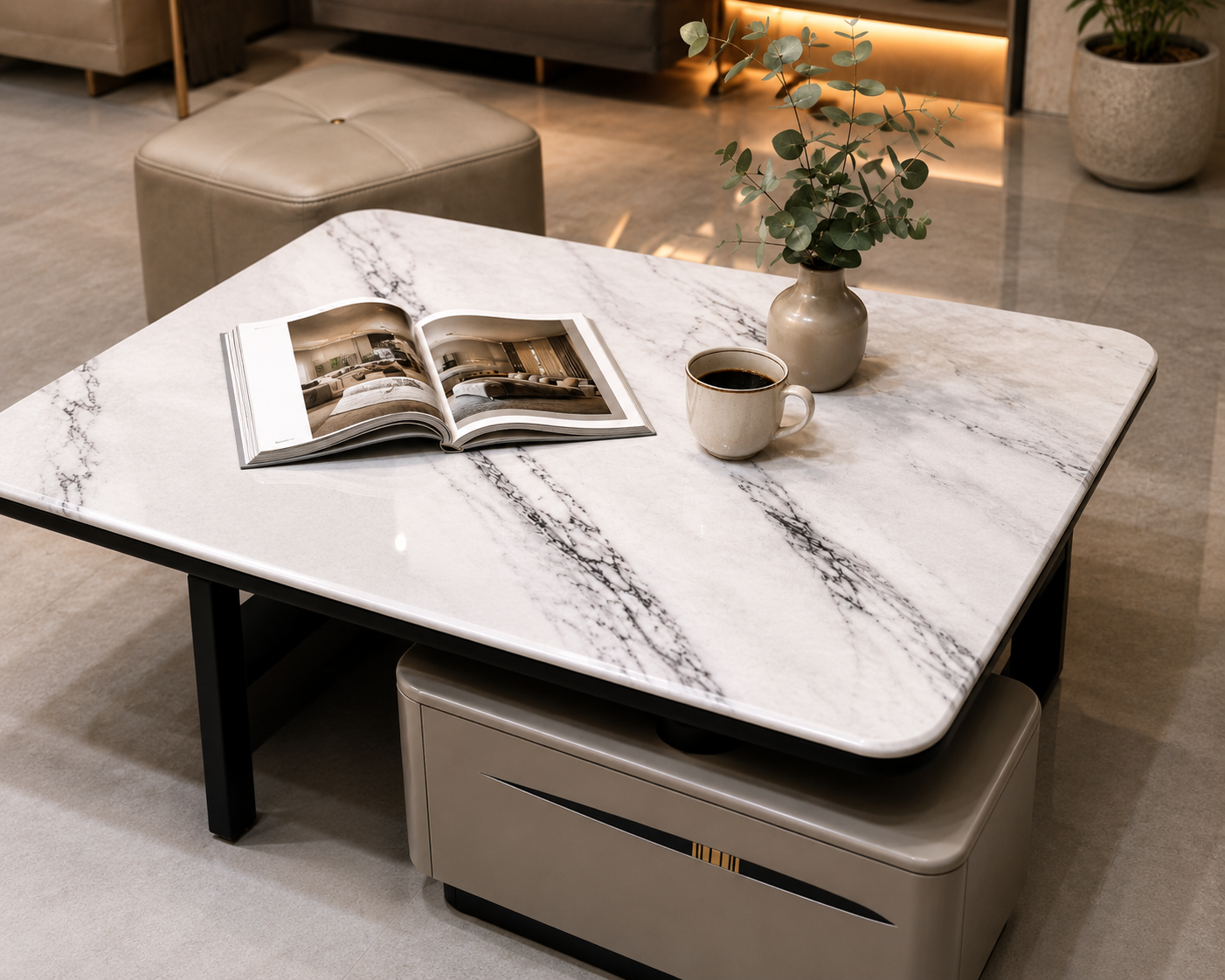 The Aurelia Modern Sintered Stone Coffee Table Set with Storage & Ottoman