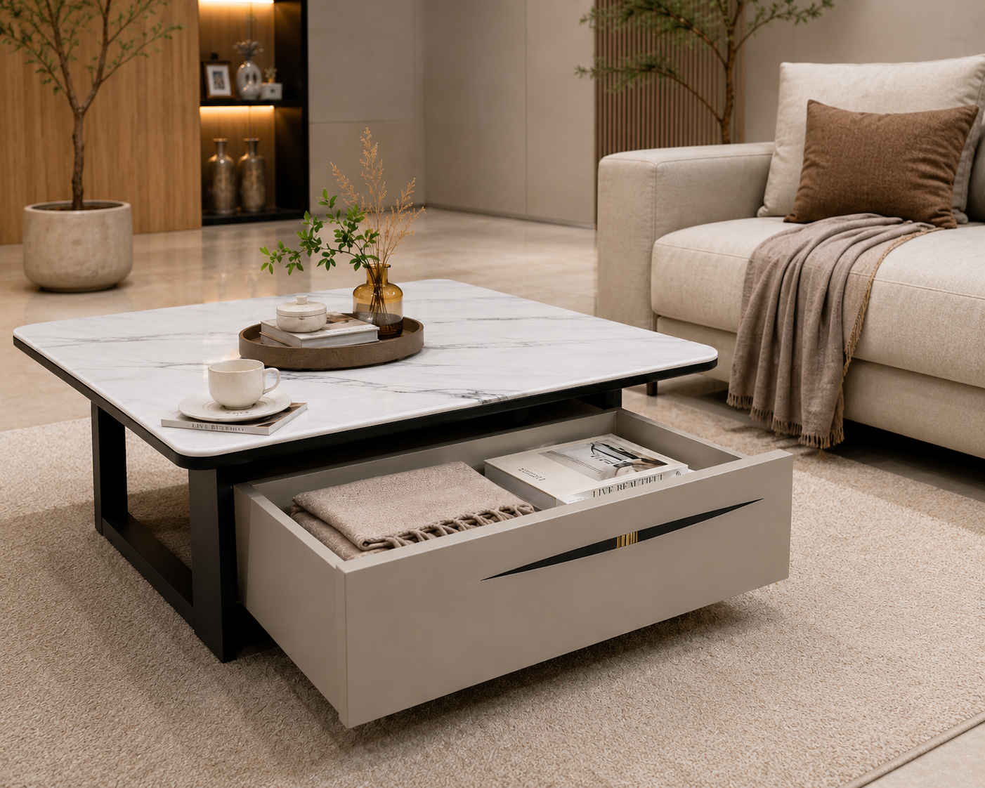 The Aurelia Modern Sintered Stone Coffee Table Set with Storage & Ottoman
