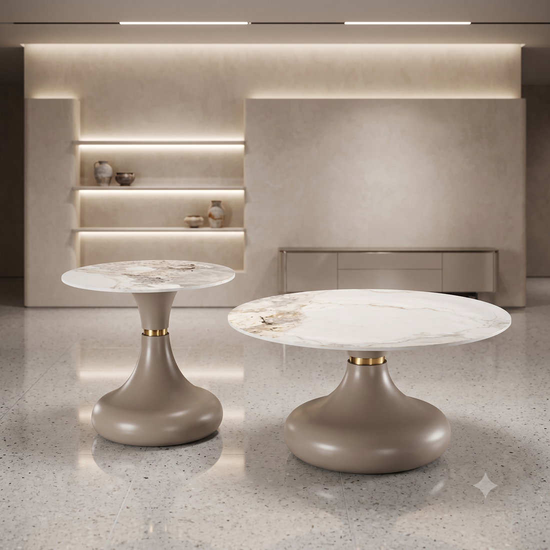 Luxury Calacatta Marble & Sculptural Taupe Pedestal Table