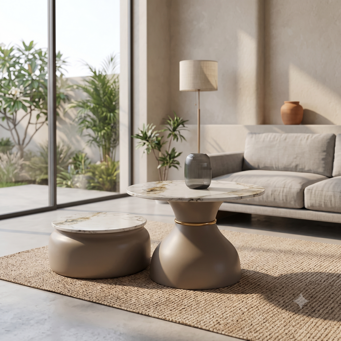 Luxury Calacatta Marble & Sculptural Taupe Pedestal Table