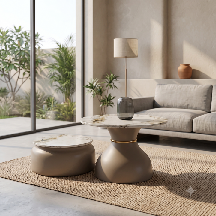 Luxury Calacatta Marble & Sculptural Taupe Pedestal Table
