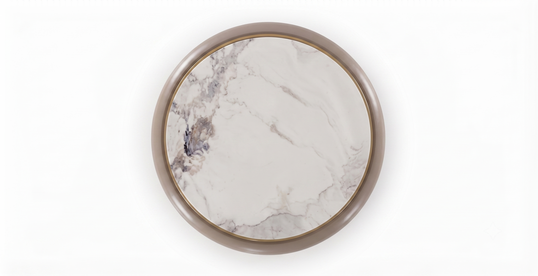 Luxury Calacatta Marble & Sculptural Taupe Pedestal Table