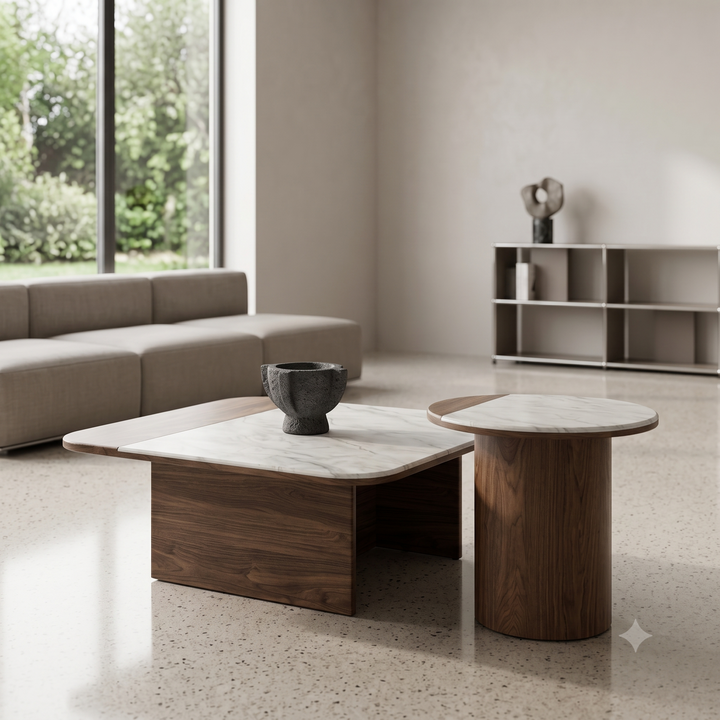 The Aurelia: Dual-Texture Marble & Walnut Round Coffee Table