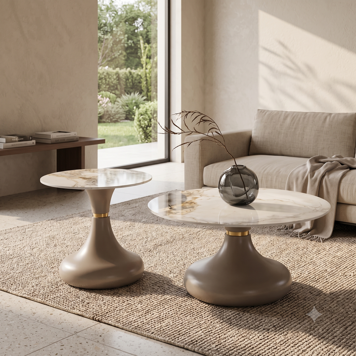 Luxury Calacatta Marble & Sculptural Taupe Pedestal Table