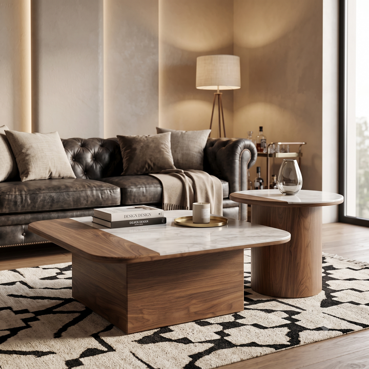 The Aurelia: Dual-Texture Marble & Walnut Round Coffee Table