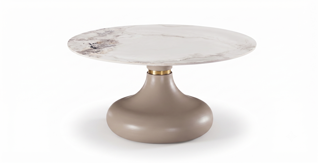 Luxury Calacatta Marble & Sculptural Taupe Pedestal Table