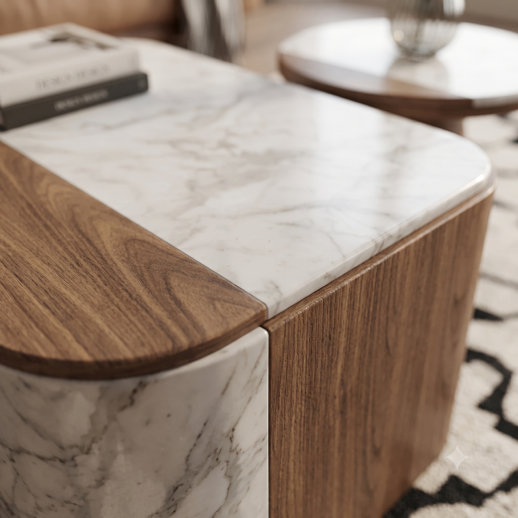 The Aurelia: Dual-Texture Marble & Walnut Round Coffee Table