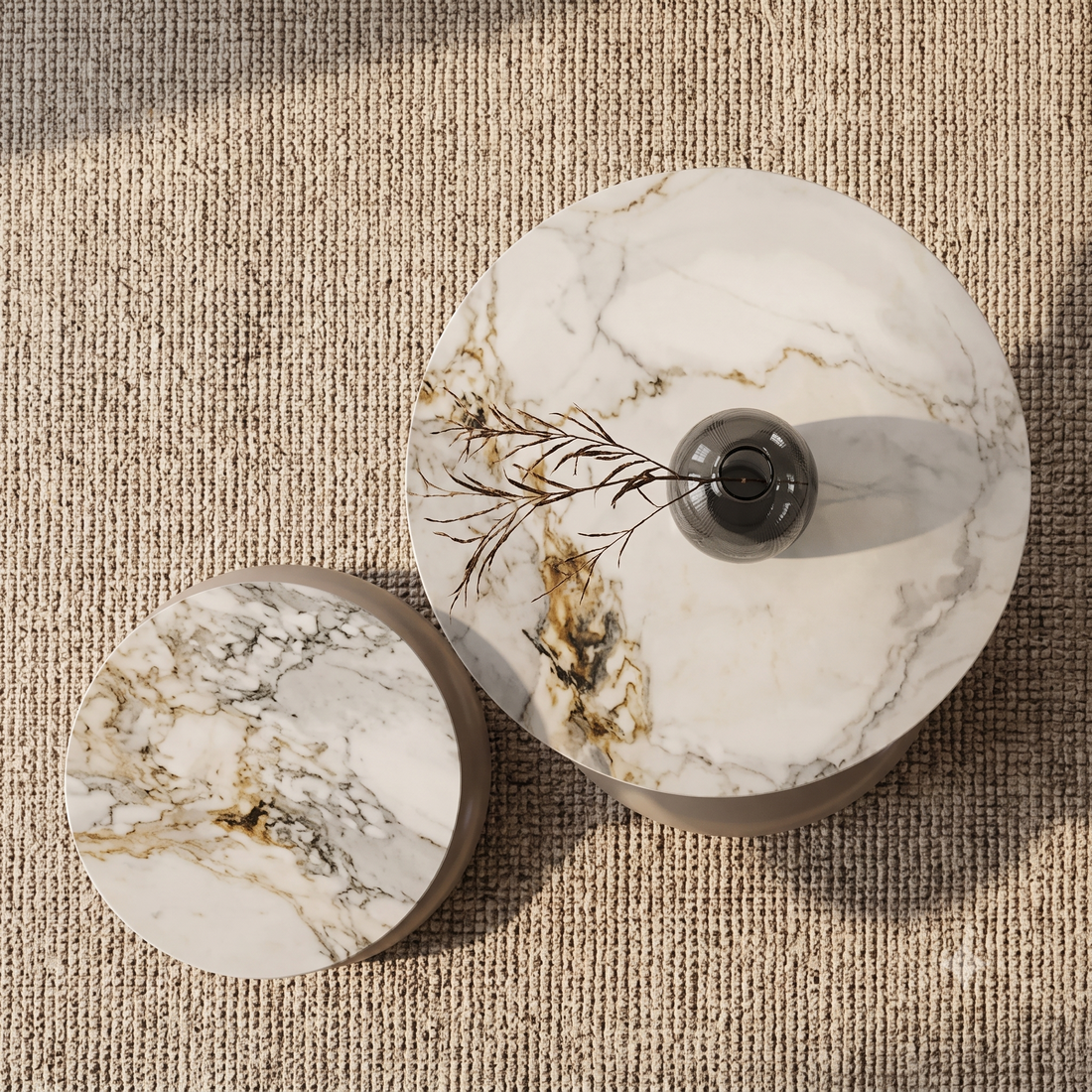 Luxury Calacatta Marble & Sculptural Taupe Pedestal Table