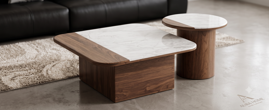 The Aurelia: Dual-Texture Marble & Walnut Round Coffee Table