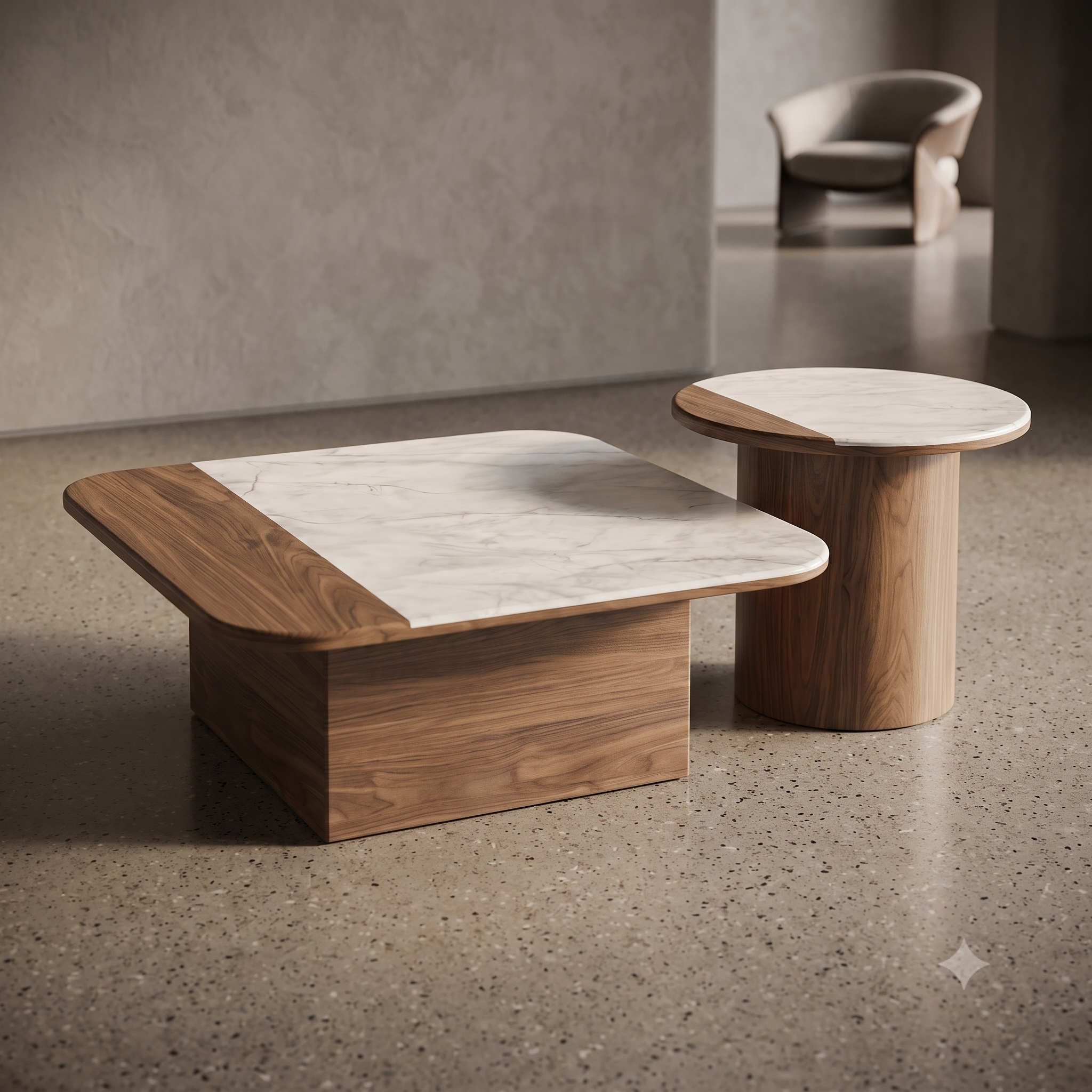 The Aurelia: Dual-Texture Marble & Walnut Round Coffee Table