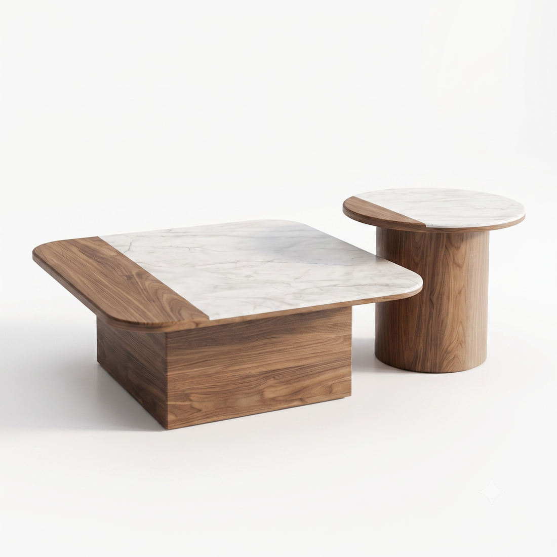 The Aurelia: Dual-Texture Marble & Walnut Round Coffee Table