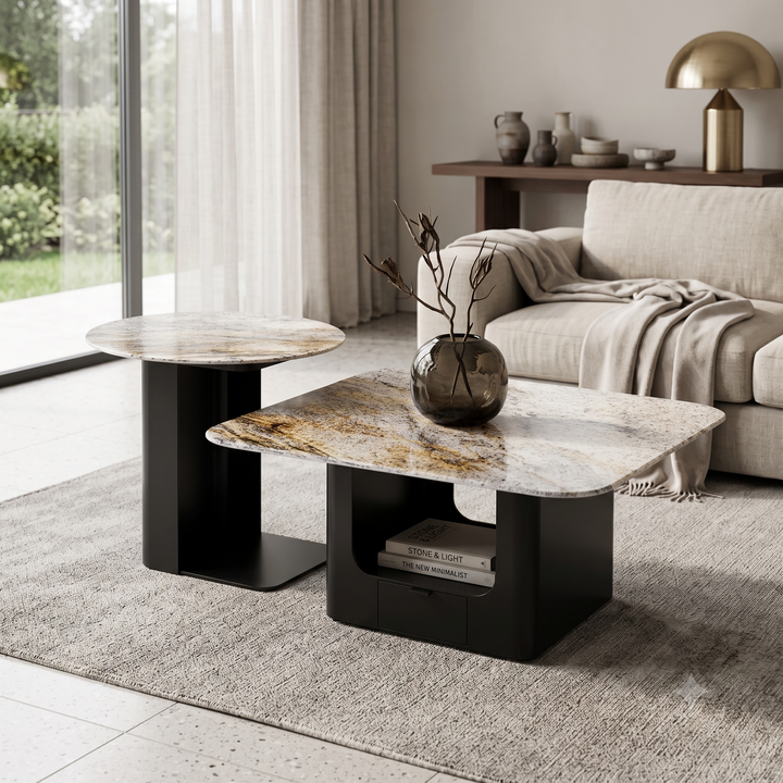 Modern Luxury Patagonia Marble-Top Accent Table with Architectural Base