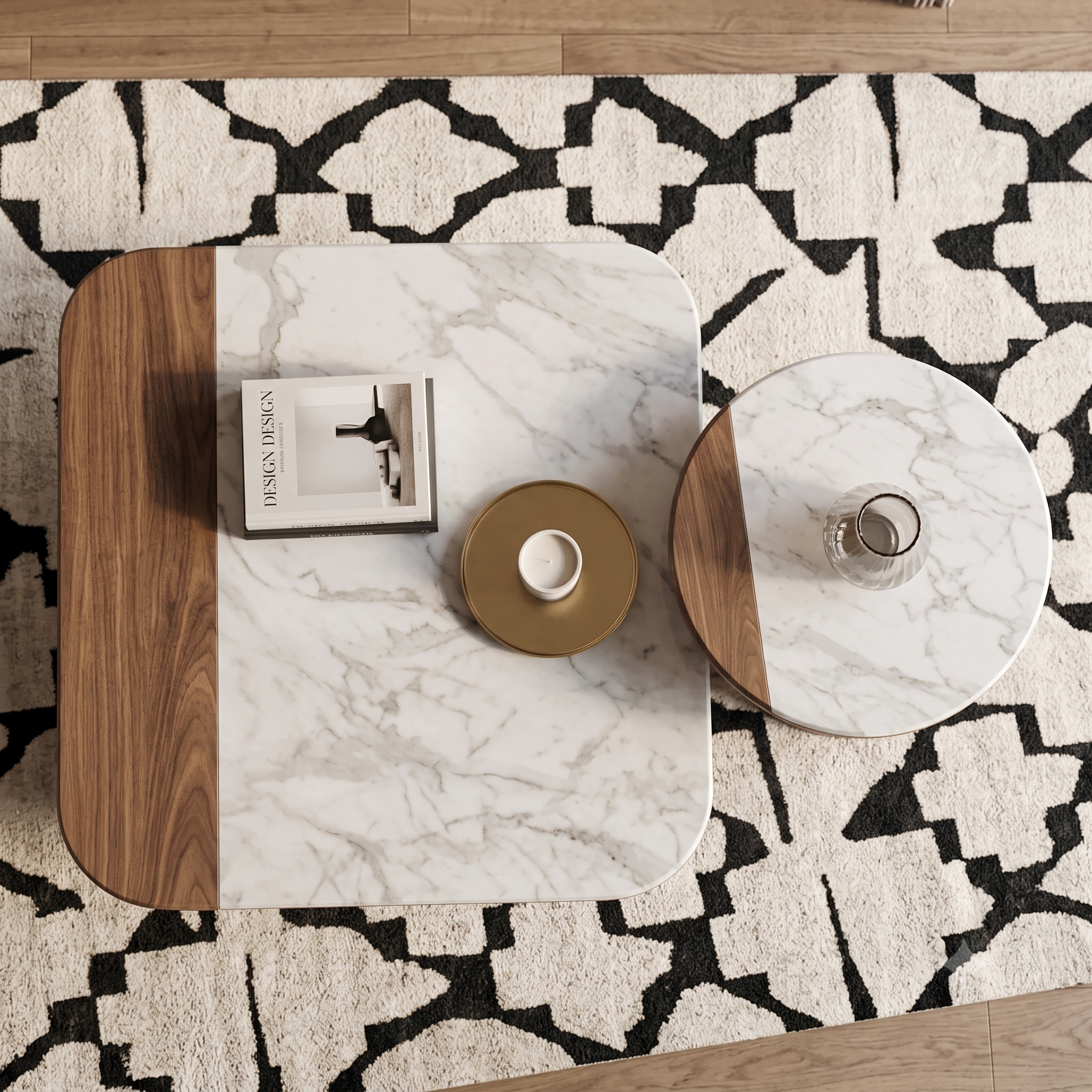 The Aurelia: Dual-Texture Marble & Walnut Round Coffee Table