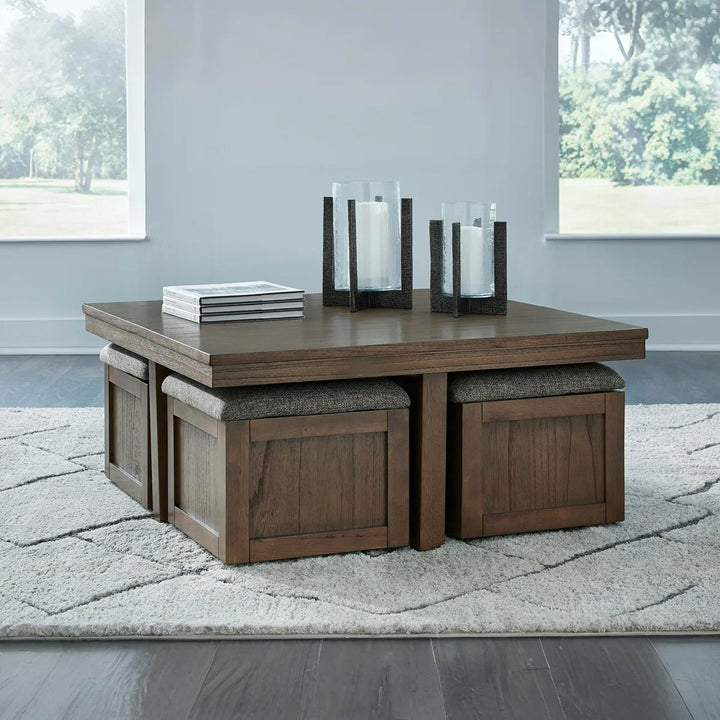 Sheesham Wood Coffee Table with Cushioned Storage Stools – Geraldene