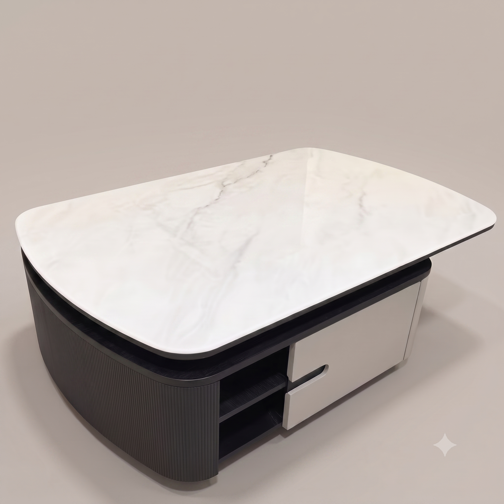 The Aurelia Fluted Modern Coffee Table with Carrara Marble Top & Concealed Drawers