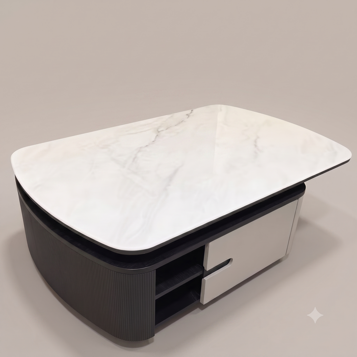 The Aurelia Fluted Modern Coffee Table with Carrara Marble Top & Concealed Drawers