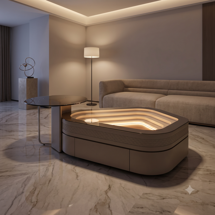 The Lumina Terraced LED Coffee Table with Cantilevered Smoked Glass Accent