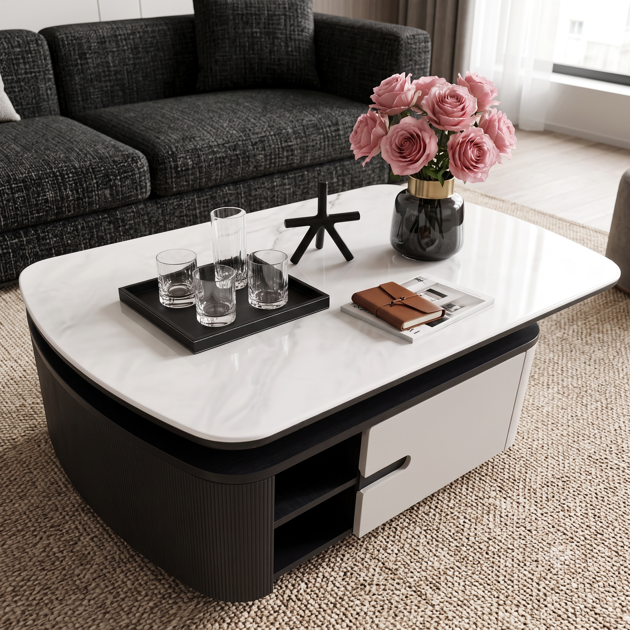 The Aurelia Fluted Modern Coffee Table with Carrara Marble Top & Concealed Drawers