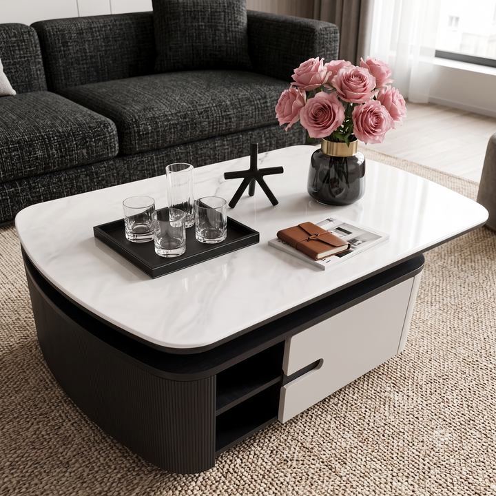 The Aurelia Fluted Modern Coffee Table with Carrara Marble Top & Concealed Drawers