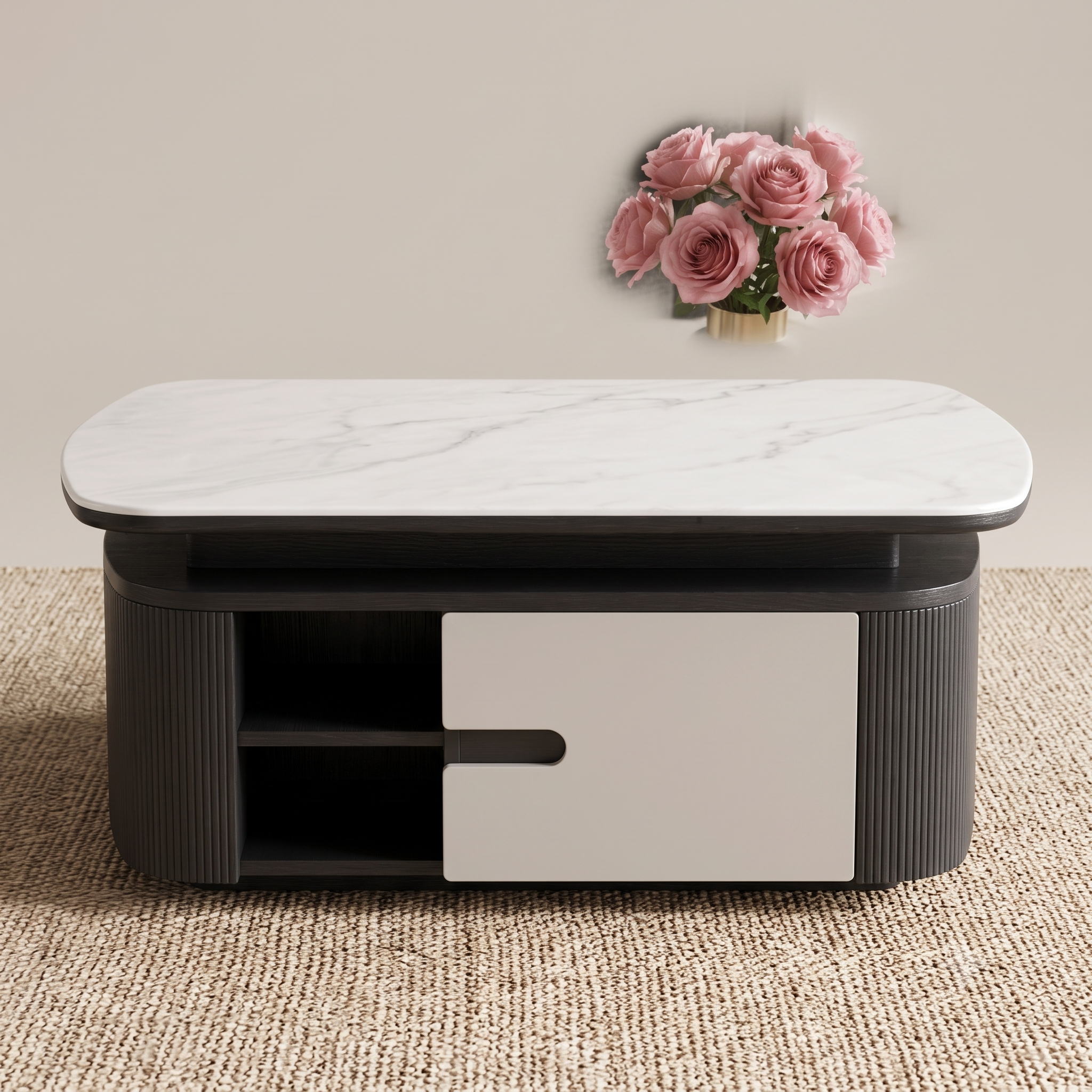 The Aurelia Fluted Modern Coffee Table with Carrara Marble Top & Concealed Drawers