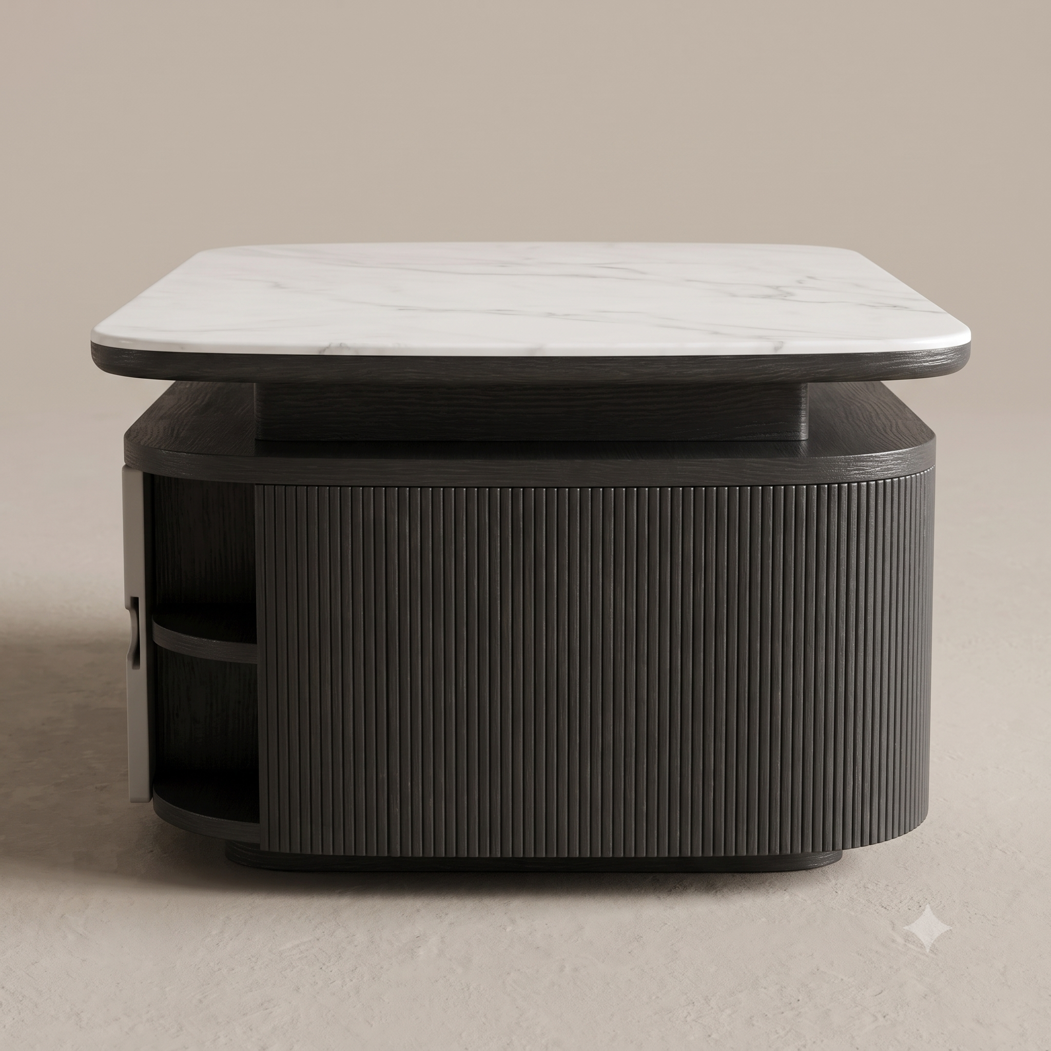 The Aurelia Fluted Modern Coffee Table with Carrara Marble Top & Concealed Drawers