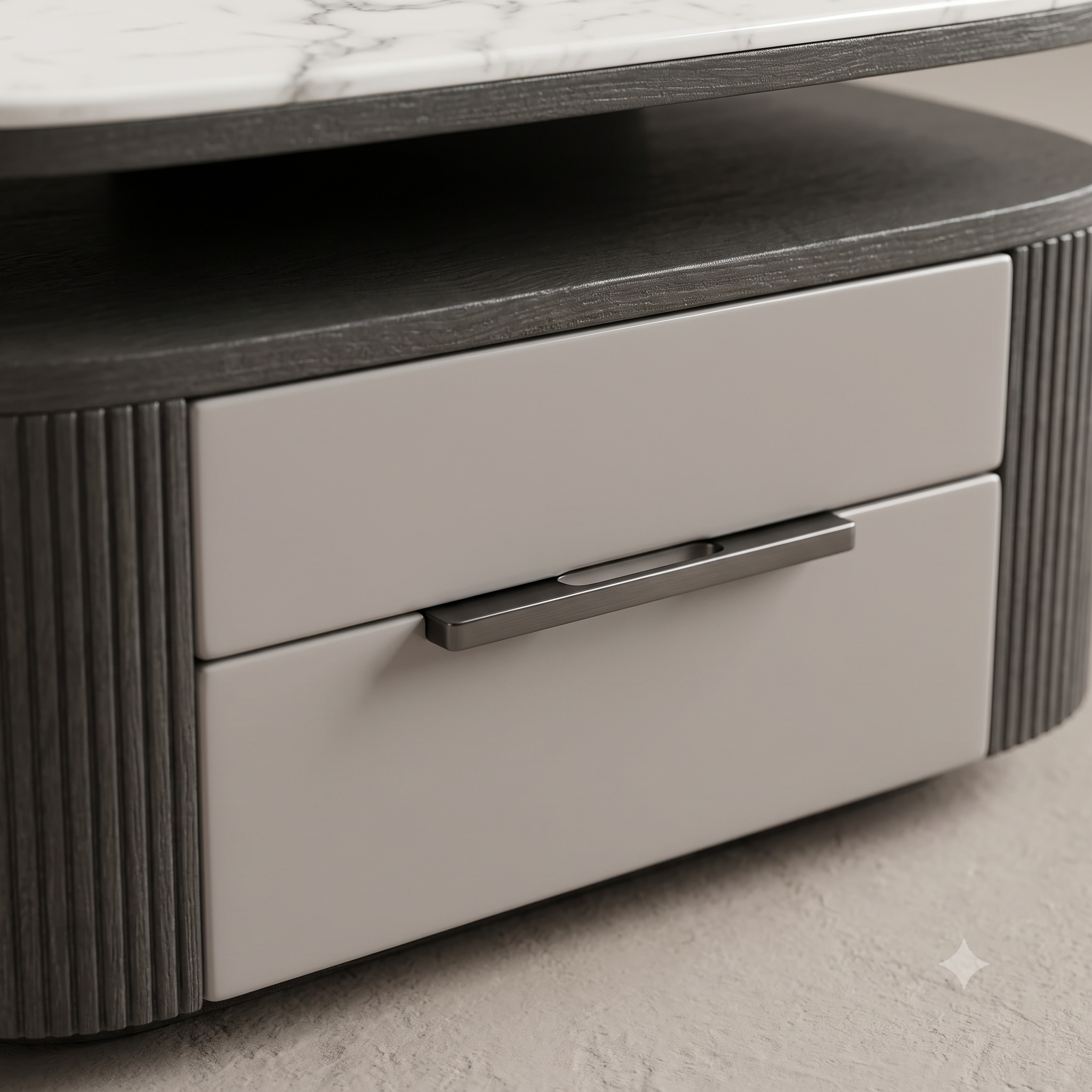 The Aurelia Fluted Modern Coffee Table with Carrara Marble Top & Concealed Drawers