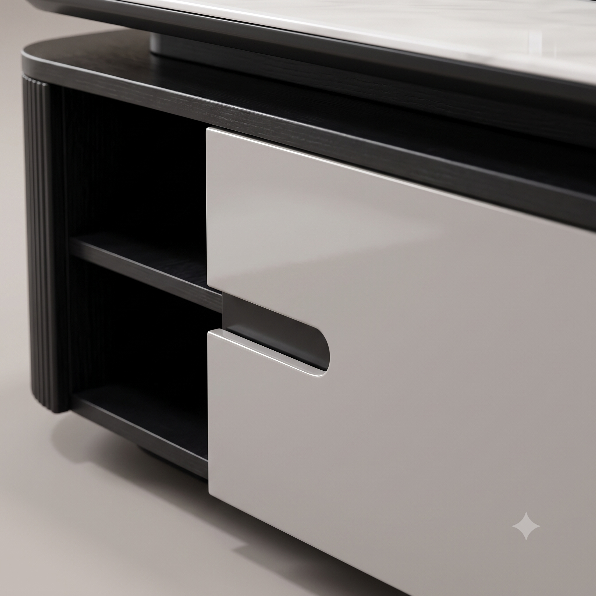 The Aurelia Fluted Modern Coffee Table with Carrara Marble Top & Concealed Drawers