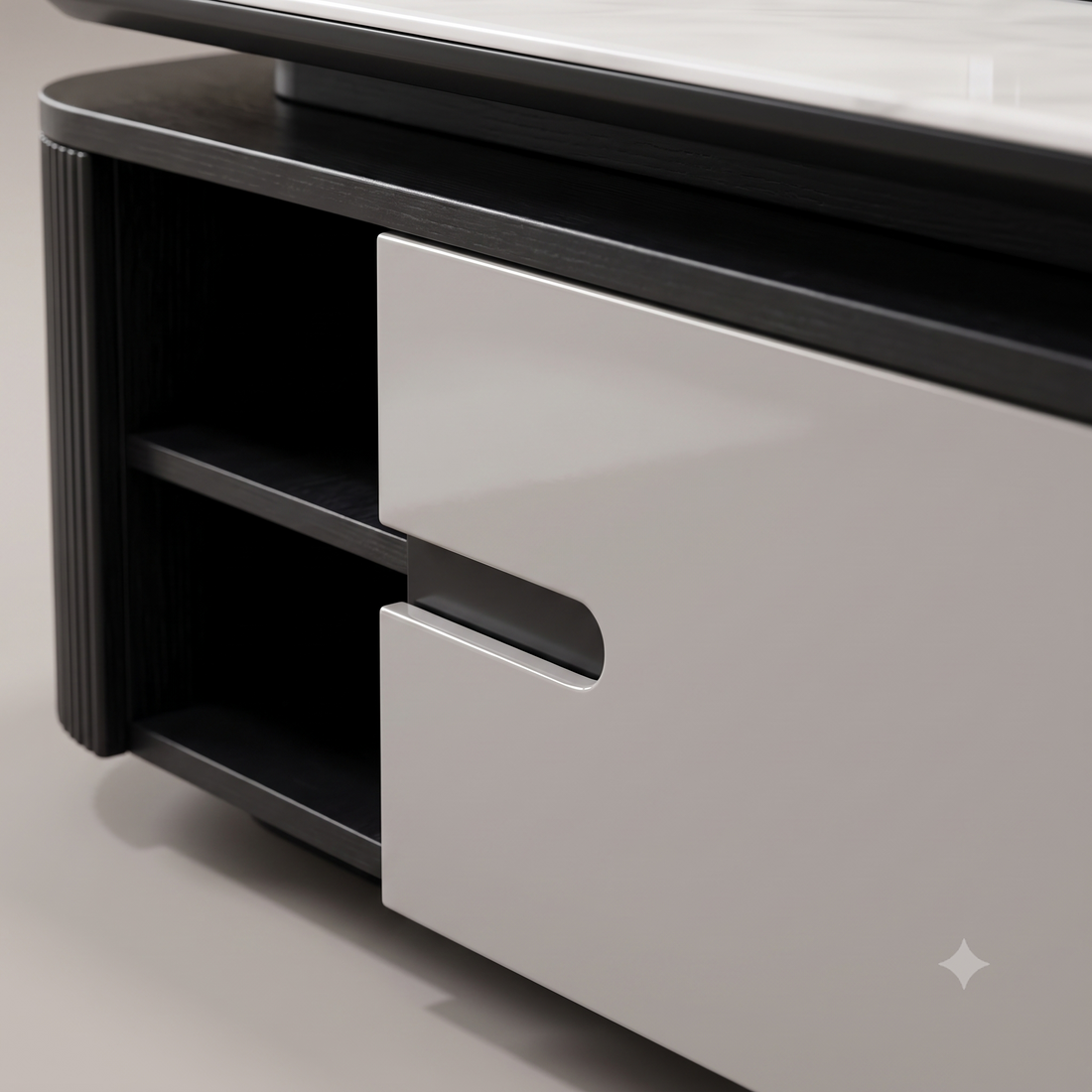 The Aurelia Fluted Modern Coffee Table with Carrara Marble Top & Concealed Drawers