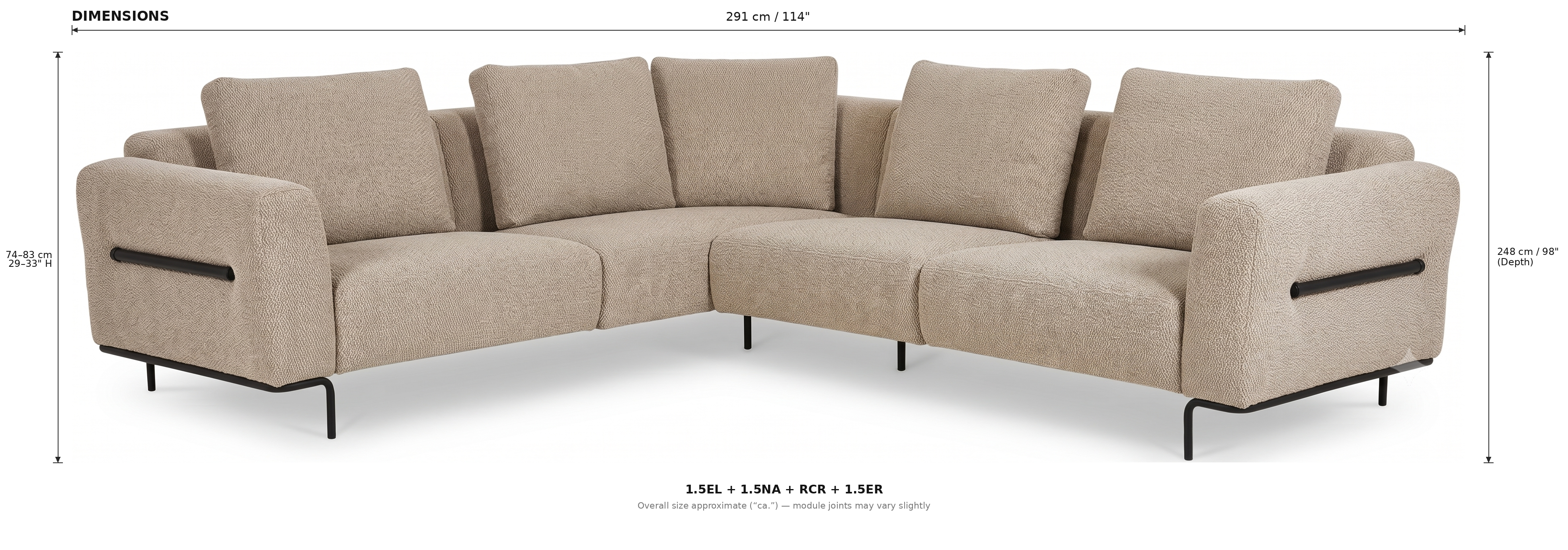 Milo Ergonomic Modular Corner Sectional Couch 6 Seater with Black Metal Legs