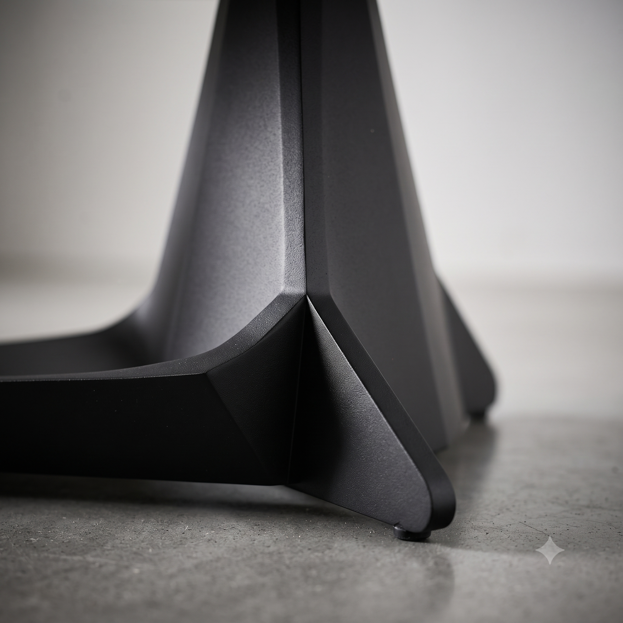 side angle view of geometric stainless steel coffee table base with flared legs