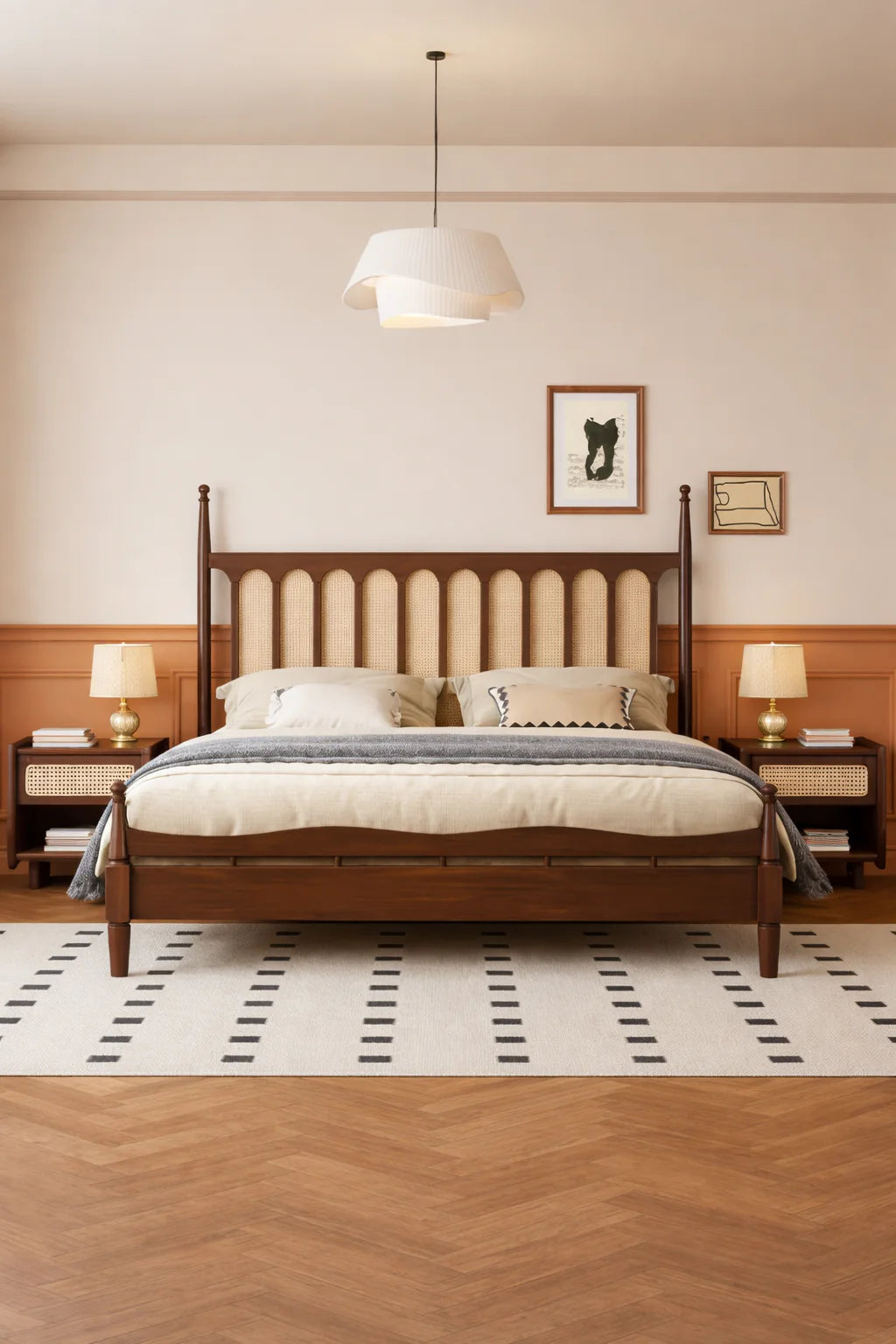 Elegant Mid-Century Modern Bed with Rattan Headboard