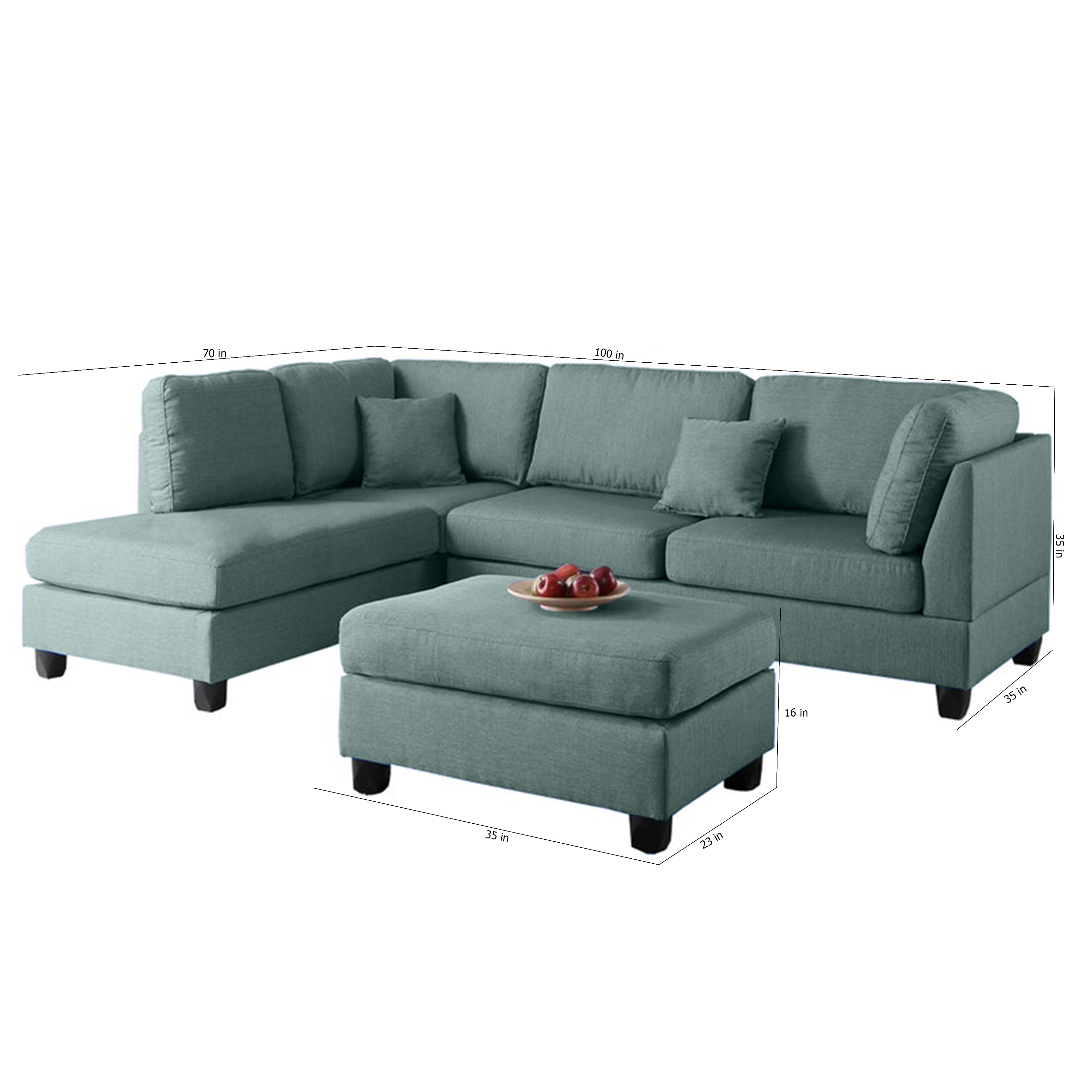 Nova 3-Seater L-Shaped Sectional Sofa with Right Chaise & Ottoman