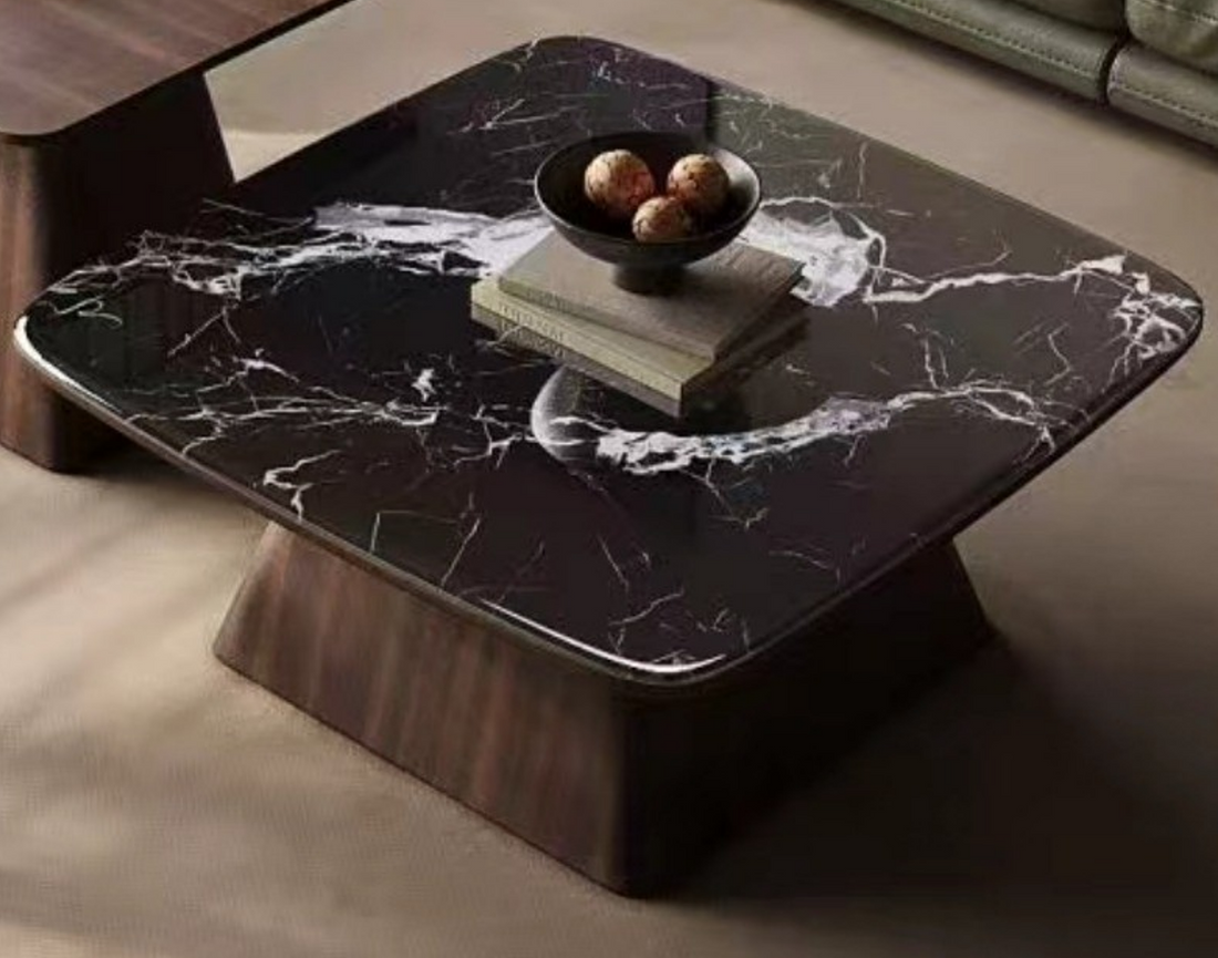 The Noir Laurent Black Marble & Walnut Nesting Coffee Table Set with Companion Accent Table