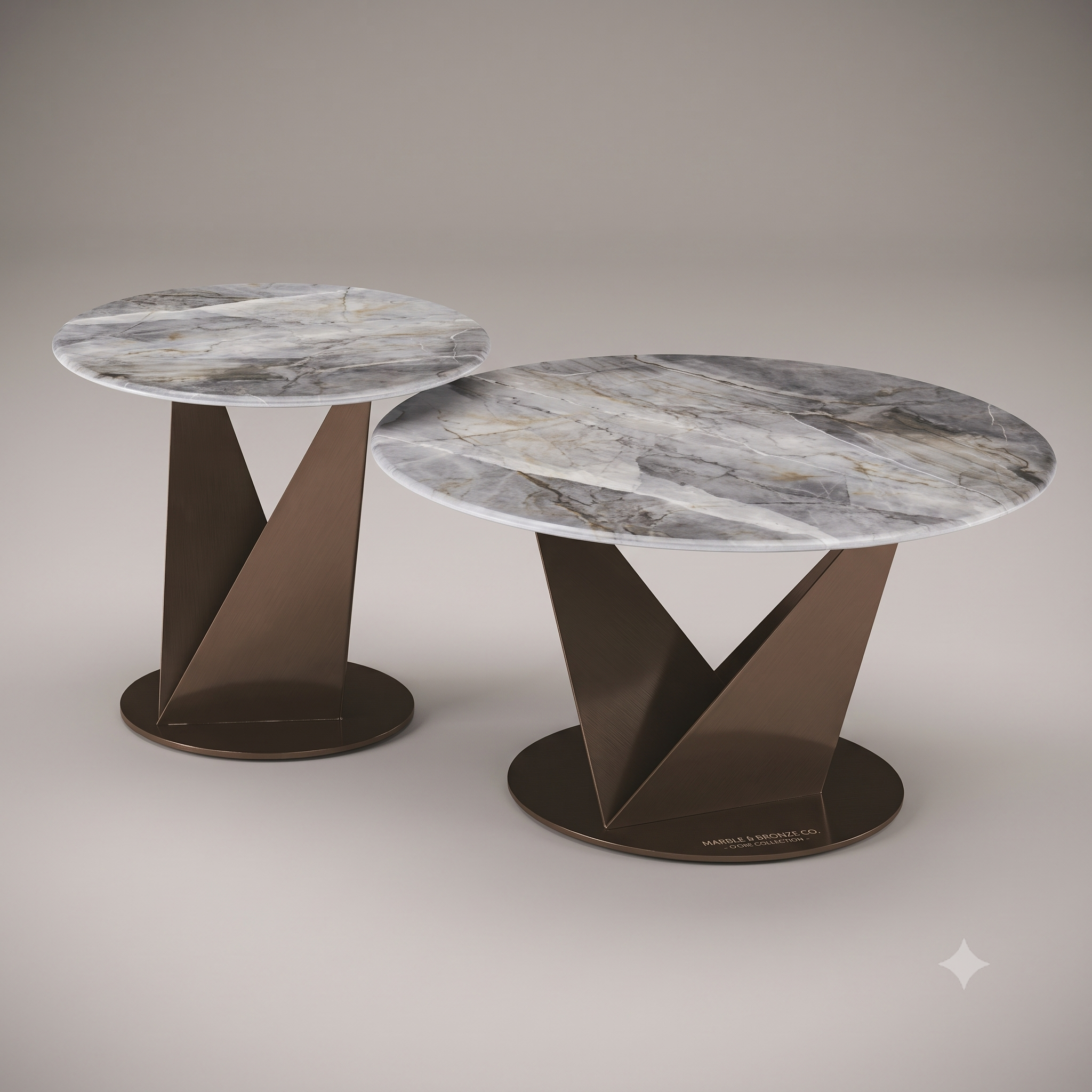 Luxury Grey Marble Nesting Coffee Table Set with Bronze Stainless Steel Base