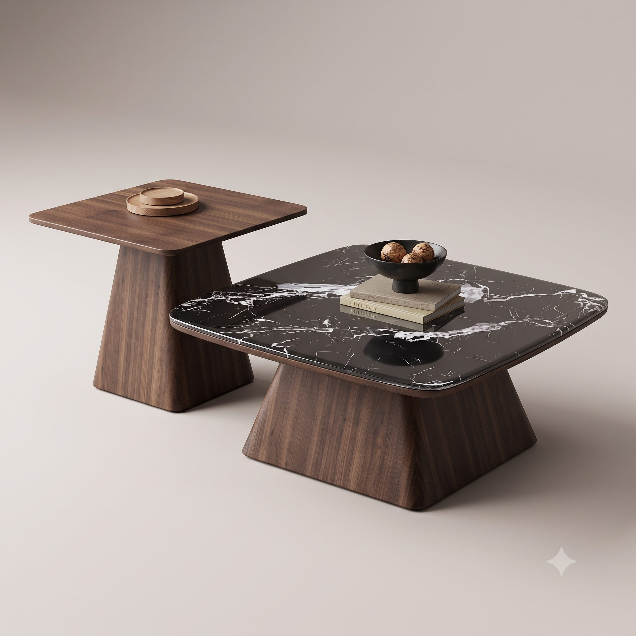 The Noir Laurent Black Marble & Walnut Nesting Coffee Table Set with Companion Accent Table