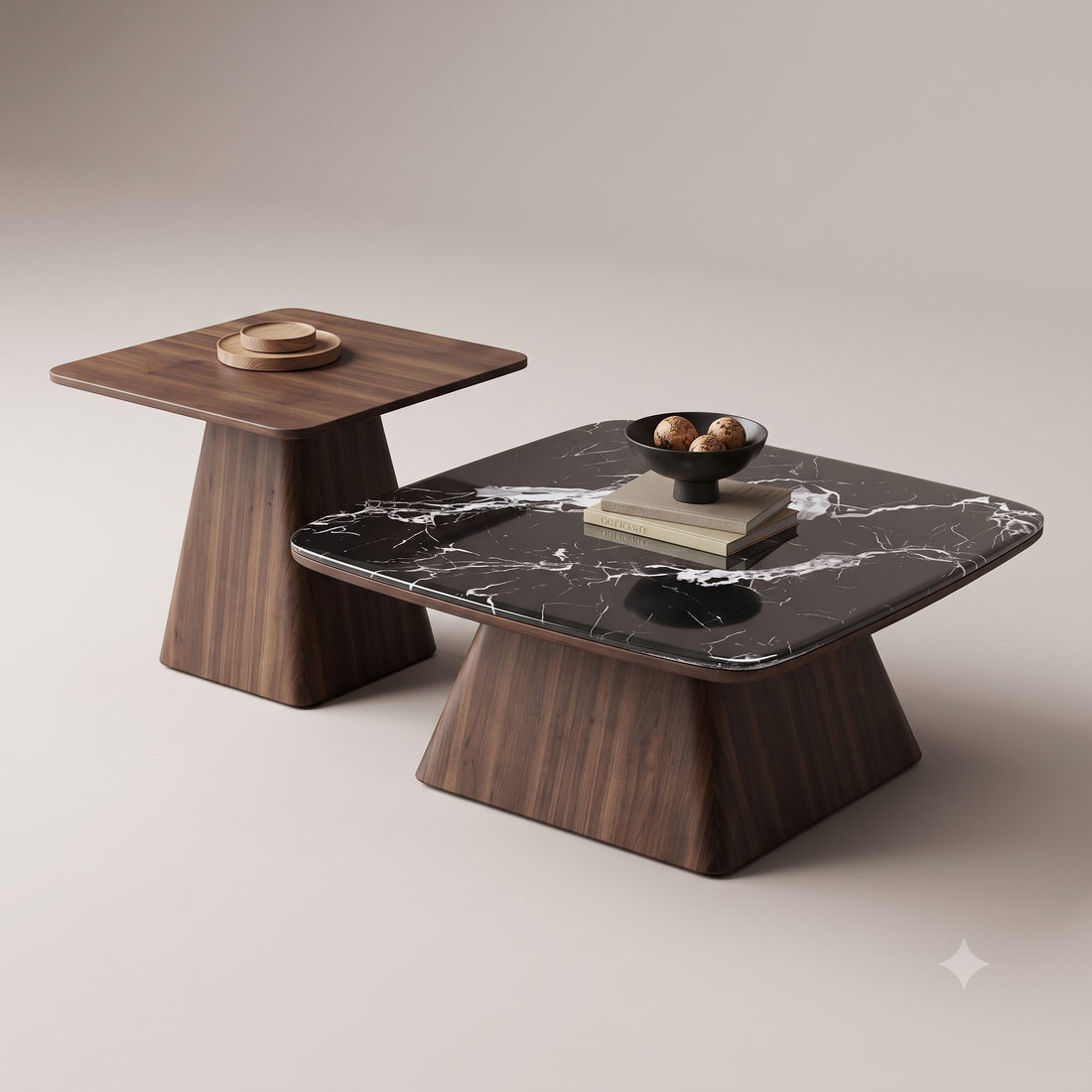 The Noir Laurent Black Marble & Walnut Nesting Coffee Table Set with Companion Accent Table