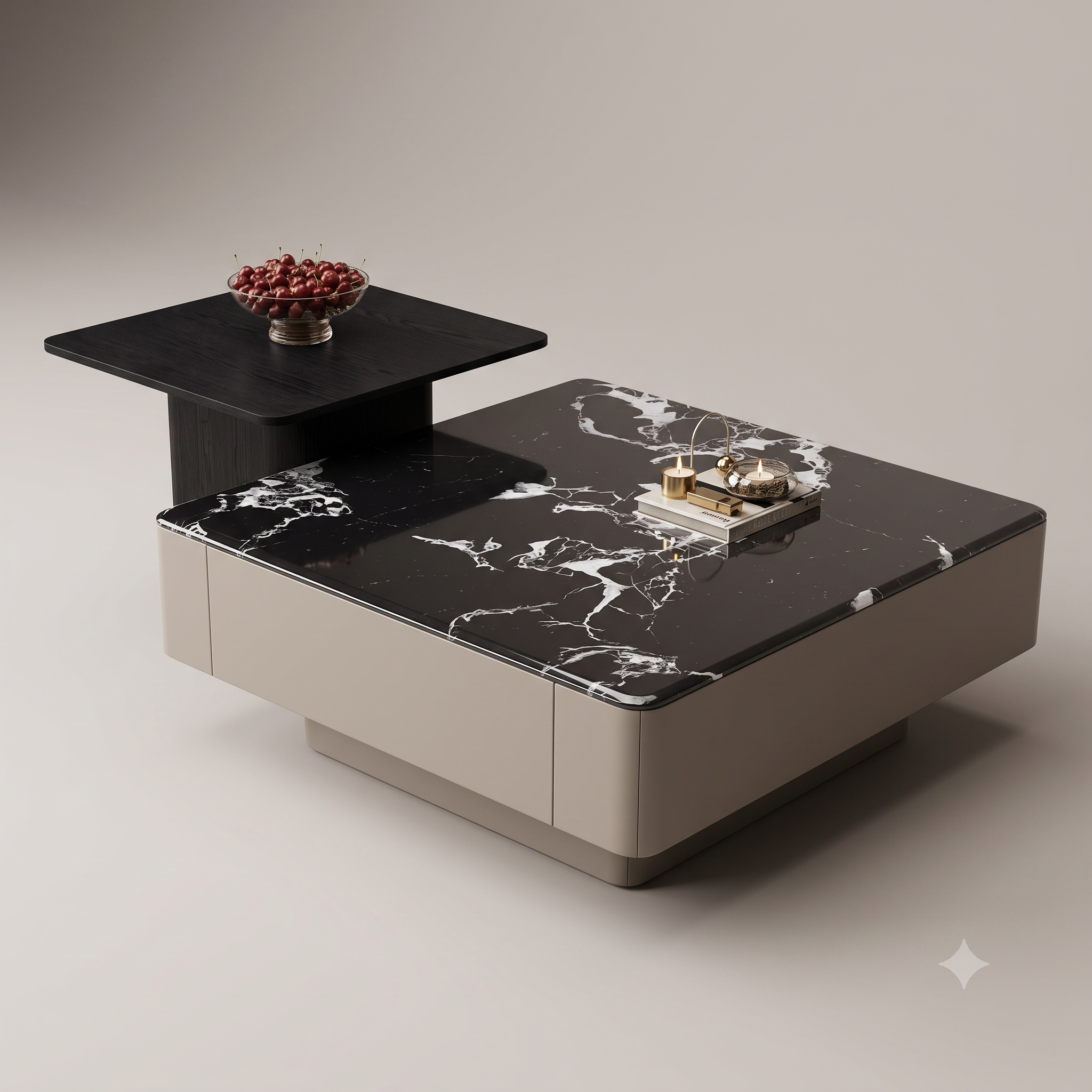 The Noir Grandeur Dual-Tier Nesting Coffee Table with Black Marble Top & Accent Side Table