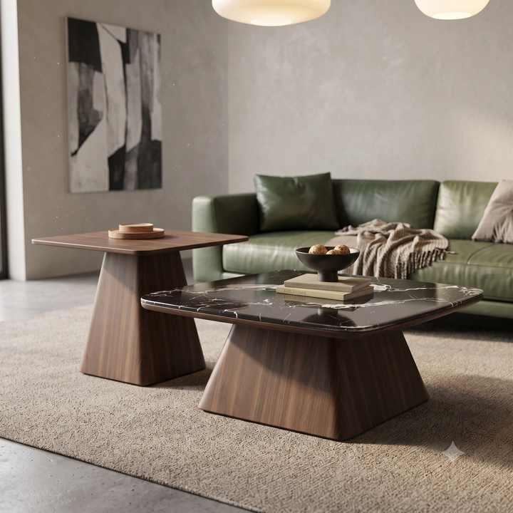 The Noir Laurent Black Marble & Walnut Nesting Coffee Table Set with Companion Accent Table