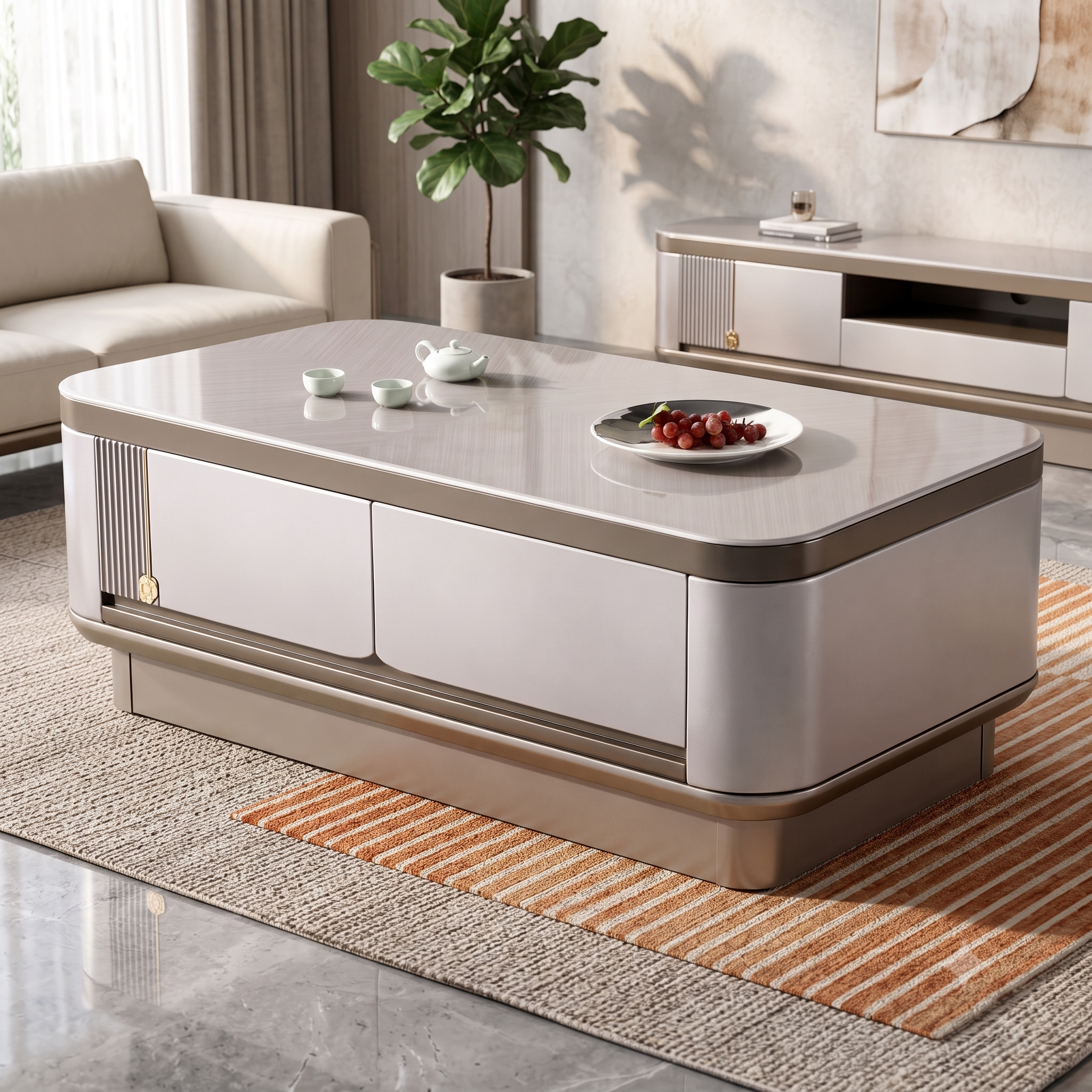 The Grand Executive Dual-Drawer MDF Coffee Table in Cream Gloss & Metallic Bronze Trim