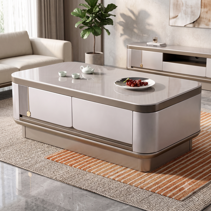 The Grand Executive Dual-Drawer MDF Coffee Table in Cream Gloss & Metallic Bronze Trim