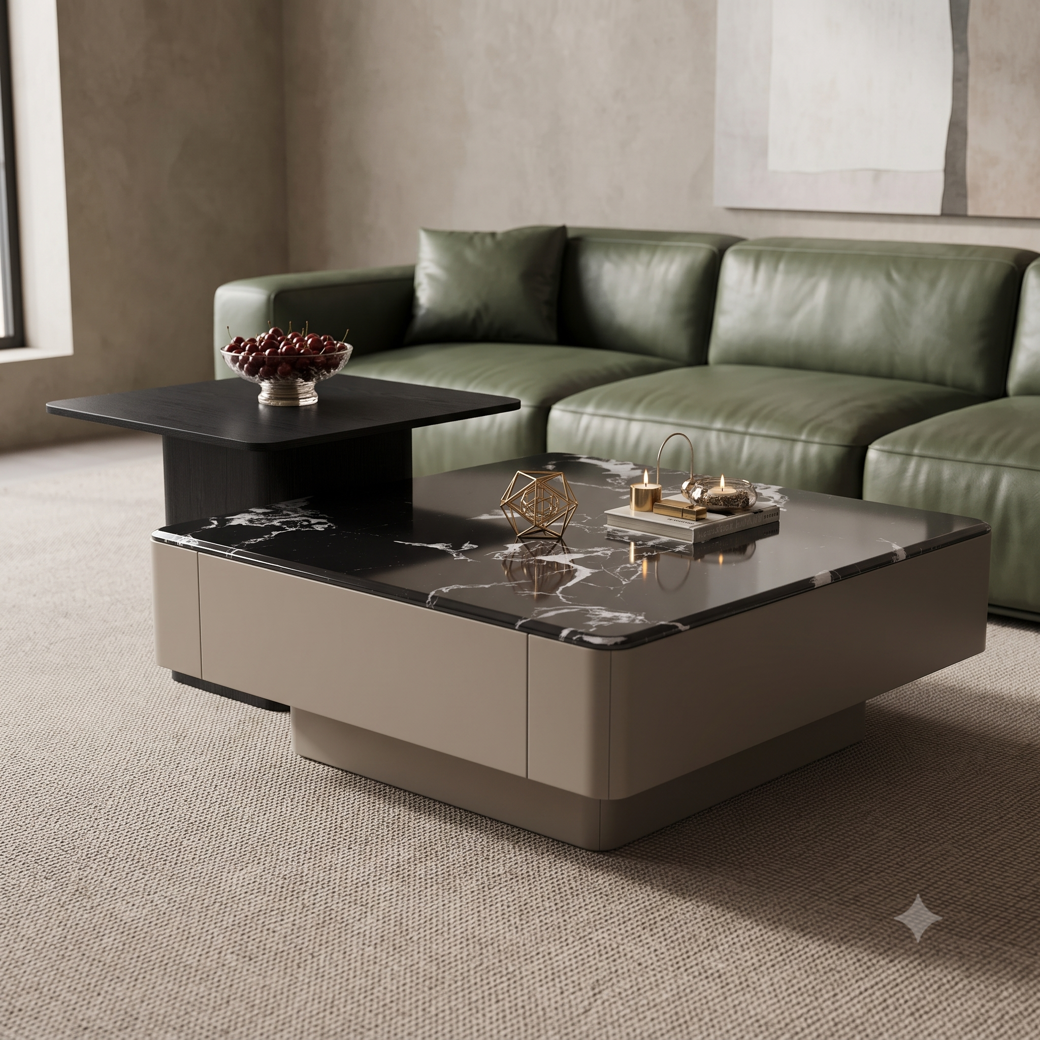 The Noir Grandeur Dual-Tier Nesting Coffee Table with Black Marble Top & Accent Side Table