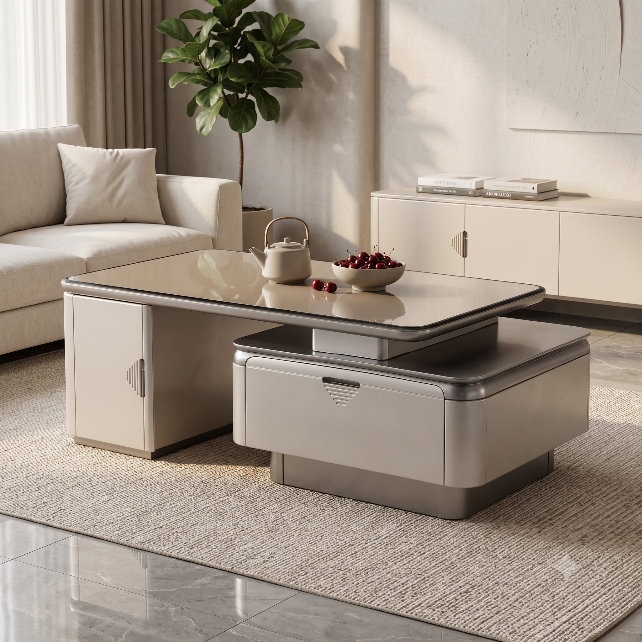 The Horizon Executive Dual-Tier MDF Coffee Table in Warm Metallic Taupe