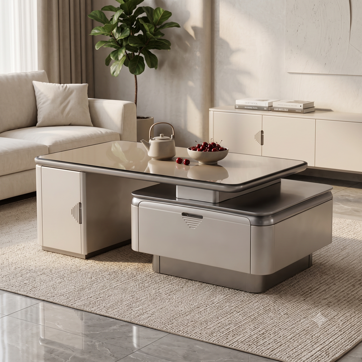 The Horizon Executive Dual-Tier MDF Coffee Table in Warm Metallic Taupe